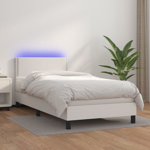 vidaXL Boxspringbett mit Matratze & LED Wei&szlig; 90x200 cm Kunstleder