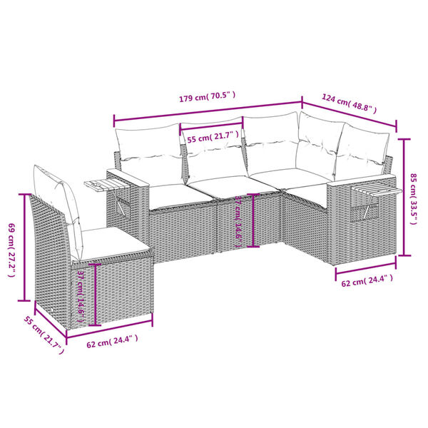 vidaXL 5-tlg. Garten-Sofagarnitur mit Kissen Grau Poly Rattan