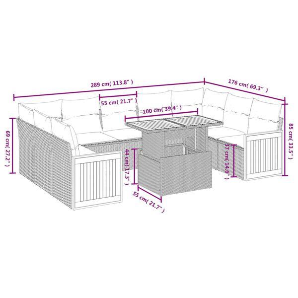 vidaXL 10-tlg. Garten-Sofagarnitur mit Kissen Grau Poly Rattan