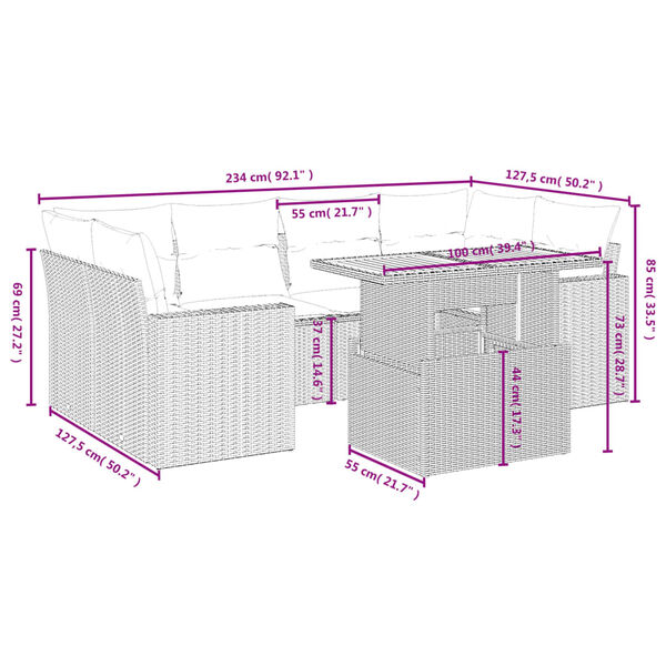 vidaXL 7-tlg. Garten-Sofagarnitur mit Kissen Schwarz Poly Rattan