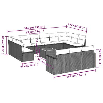 vidaXL 14-tlg. Garten-Sofagarnitur mit Kissen Schwarz Poly Rattan