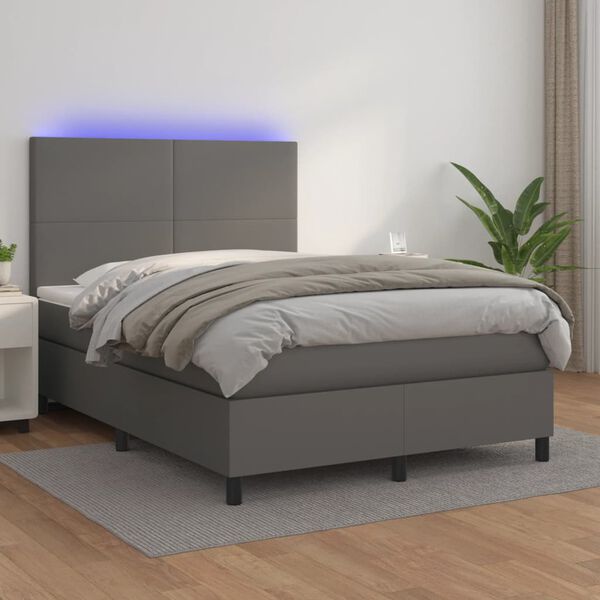 vidaXL Boxspringbett mit Matratze & LED Grau 140x190 cm Kunstleder