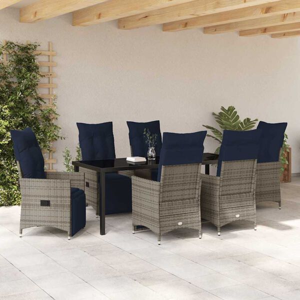 vidaXL Tisch- und Stuhlset mit Kissen 7 pcs Grau PE-Rattan