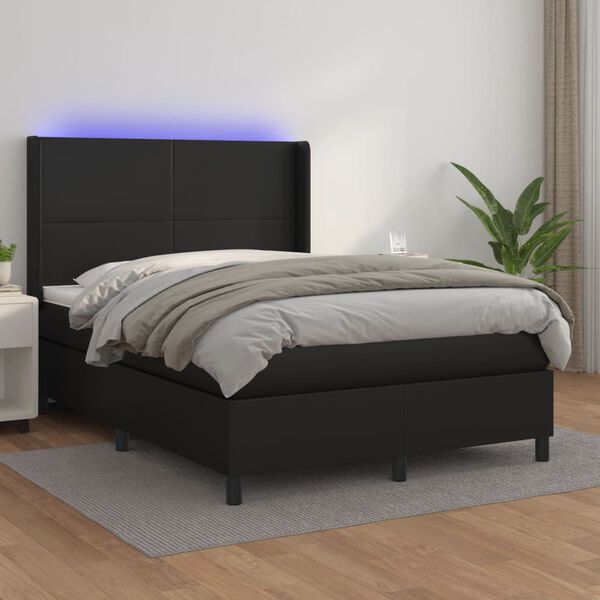 vidaXL Boxspringbett mit Matratze & LED Schwarz 140x190 cm Kunstleder