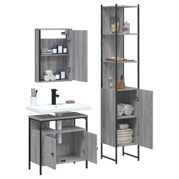 vidaXL 3-tlg. Badm&ouml;bel-Set Grau Sonoma Holzwerkstoff