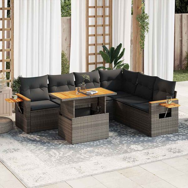 vidaXL 7-tlg. Garten-Sofagarnitur mit Kissen Grau Poly Rattan Akazie