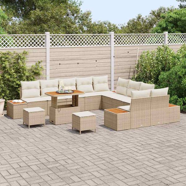 vidaXL Garten-Sofa-Set mit Kissen mit Speicher Beige Poly Rattan
