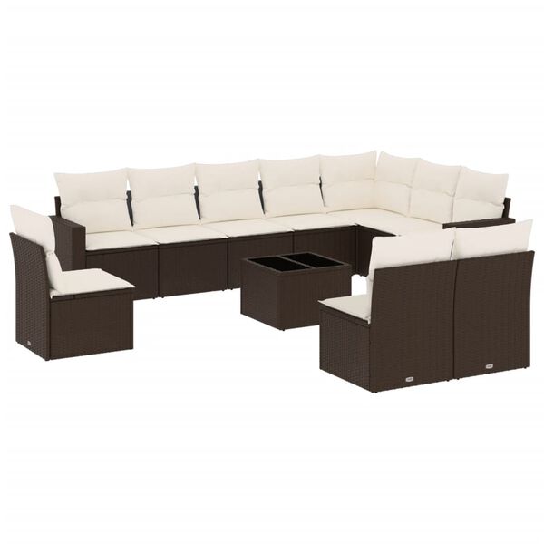 vidaXL 11-tlg. Garten-Sofagarnitur mit Kissen Braun Poly Rattan