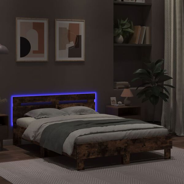 vidaXL Bettgestell mit Kopfteil LED-Beleuchtung R&auml;uchereiche 135x190cm
