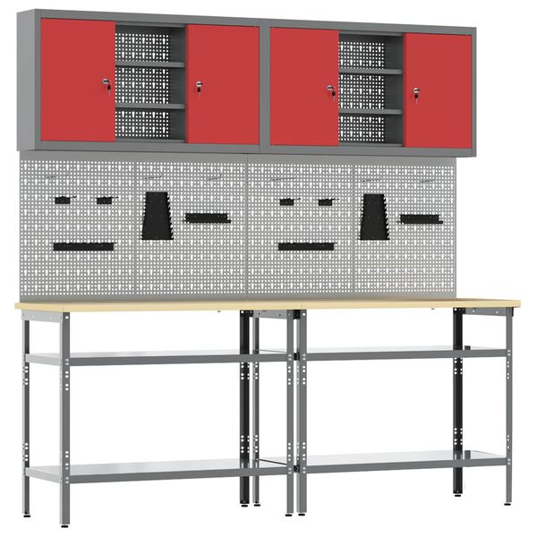 vidaXL Werkbank-Set mit Regal 8 pcs Rot Pulverbeschichteter Stahl