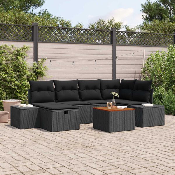 vidaXL Garten-Sofa-Set mit Kissen 7 pcs Schwarz Poly Rattan