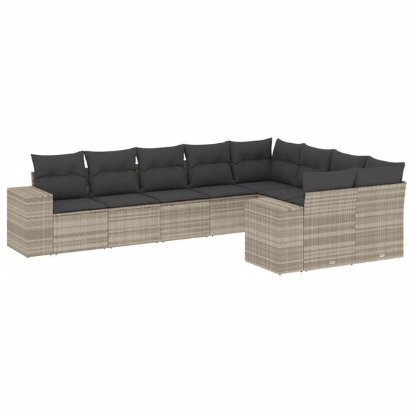 vidaXL 9-tlg. Garten-Sofagarnitur mit Kissen Hellgrau Poly Rattan