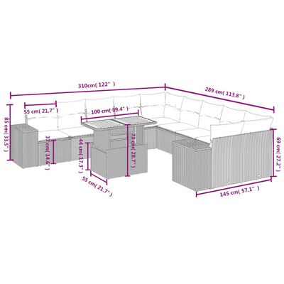 vidaXL 11-tlg. Garten-Sofagarnitur mit Kissen Grau Poly Rattan