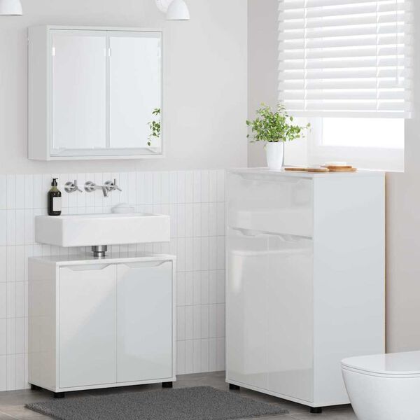 vidaXL Badezimmerm&ouml;bel-Set Mit Rad 3 pcs Hochglanz Wei&szlig; Holzwerkstoff