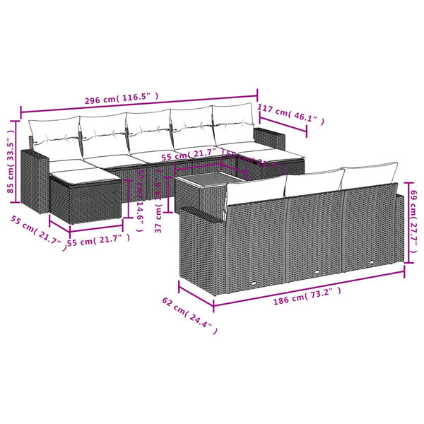 vidaXL 11-tlg. Garten-Sofagarnitur mit Kissen Grau Poly Rattan