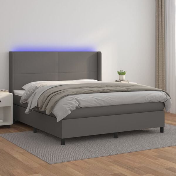vidaXL Boxspringbett mit Matratze & LED Grau 180x200 cm Kunstleder