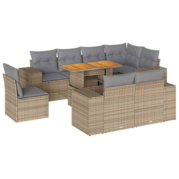 vidaXL 9-tlg. Garten-Sofagarnitur mit Kissen Beige Poly Rattan