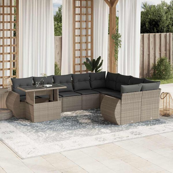 vidaXL 10-tlg. Garten-Sofagarnitur mit Kissen Hellgrau Poly Rattan