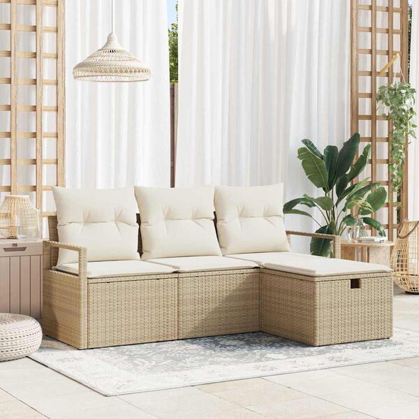 vidaXL Garten-Sofa-Set mit Kissen mit Speicher 4 pcs Beige Poly Rattan