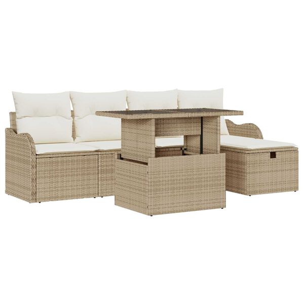 vidaXL Garten-Sofa-Set mit Kissen mit Speicher 6 pcs Beige Poly Rattan