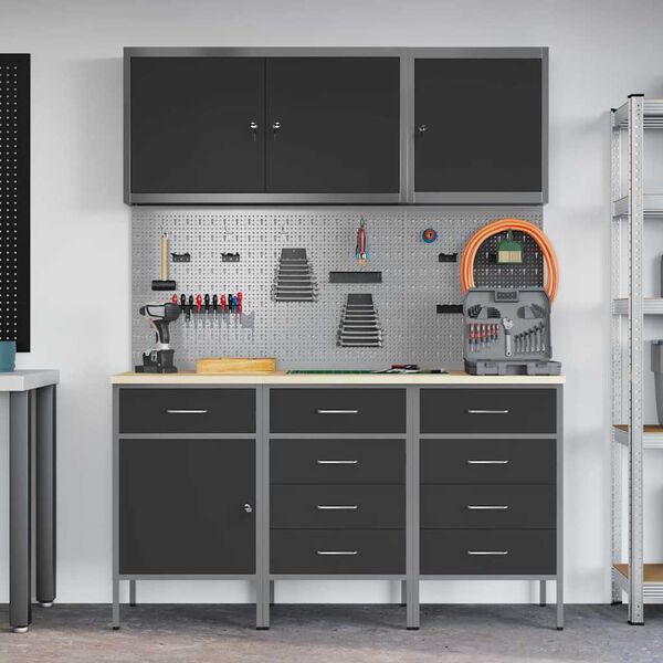 vidaXL Werkbank mit Schubladen 8 pcs Schwarz Ingenieure Holz und Stahl