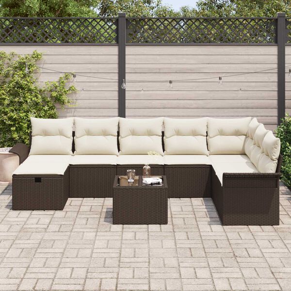 vidaXL Garten-Sofa-Set mit Kissen mit Speicher 9 pcs Braun Poly Rattan