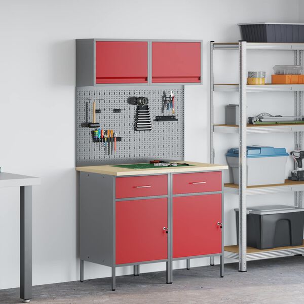 vidaXL Arbeitsschrankset mit Schubladen mit Regal 6 pcs Rot