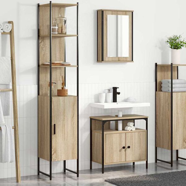 vidaXL Badezimmerm&ouml;bel-Set mit Regal 3 pcs Sonoma-Eiche Holzwerkstoff