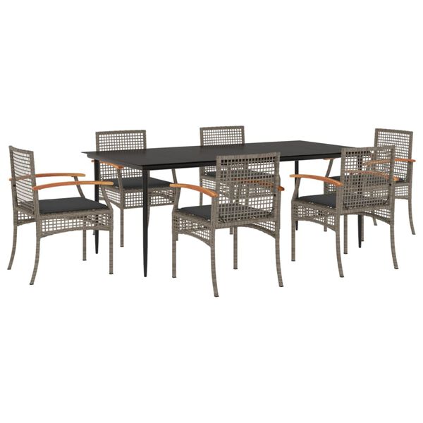 vidaXL 7-tlg. Garten-Essgruppe mit Kissen Grau Poly Rattan