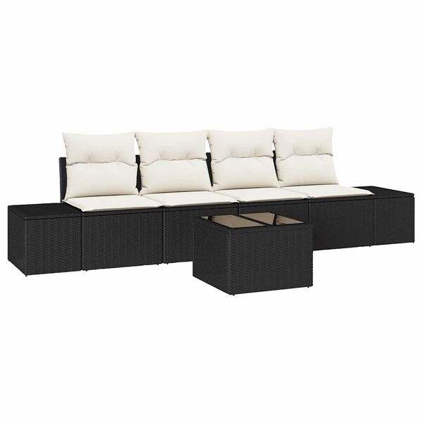 vidaXL Garten-Sofa-Set mit Kissen 5 pcs Schwarz und Creme Poly-Rattan