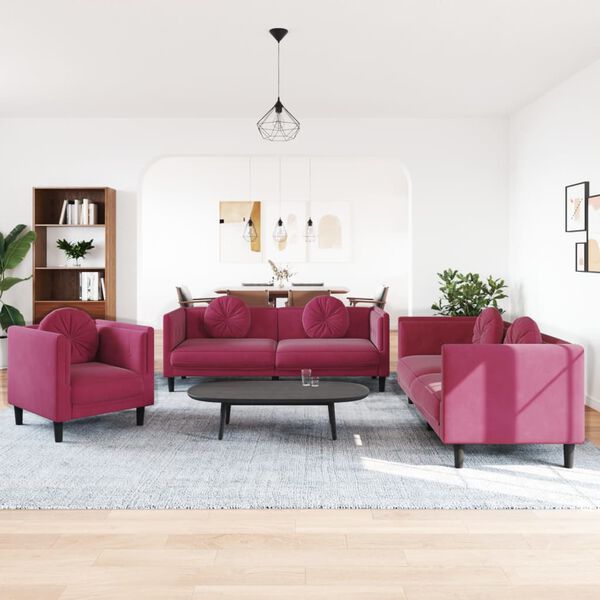 vidaXL 3-tlg. Sofagarnitur mit Kissen Weinrot Samt