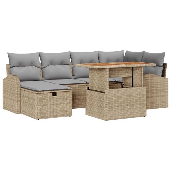 vidaXL Garten-Sofa-Set mit Kissen mit Speicher 7 pcs Beige Poly Rattan