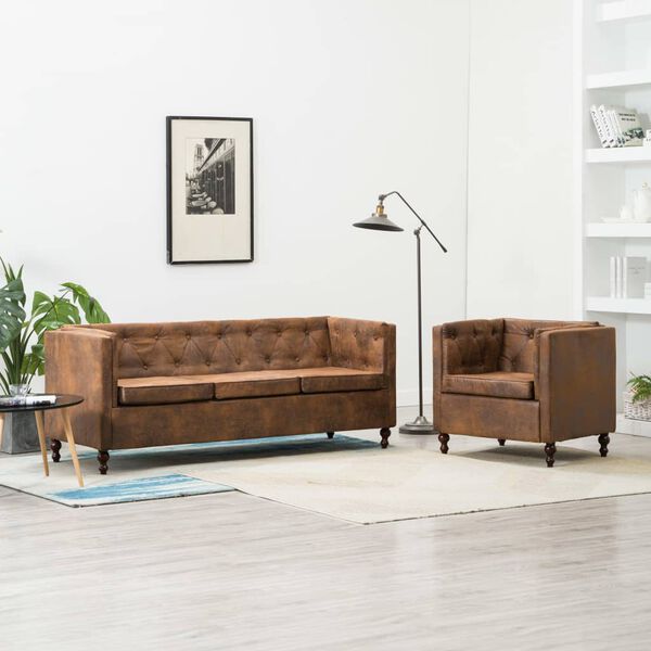 vidaXL Chesterfield Sofa-Set 2-tlg. Stoffpolsterung Braun Wildlederoptik