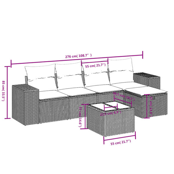 vidaXL 6-tlg. Garten-Sofagarnitur mit Kissen Schwarz Poly Rattan