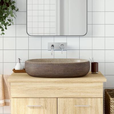 vidaXL Aufsatzwaschbecken Sandfarben Braun Oval 59x40x14 cm Keramik