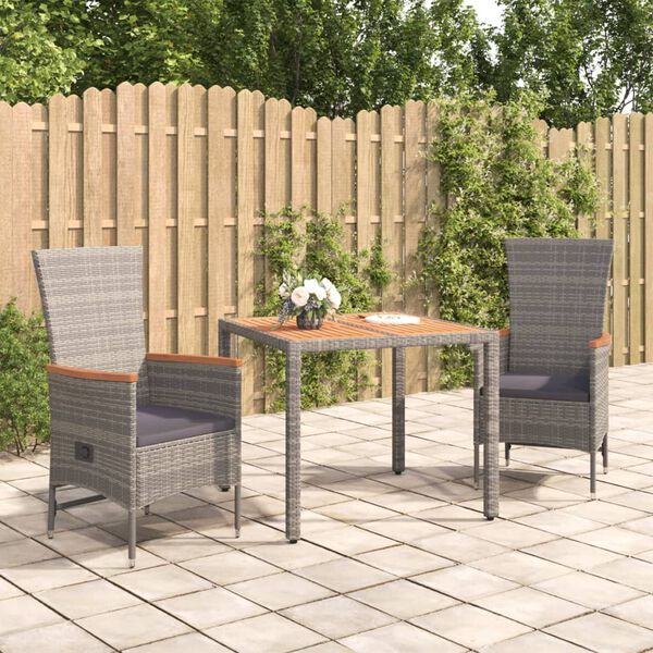 vidaXL 3-tlg. Garten-Essgruppe mit Kissen Grau Poly Rattan