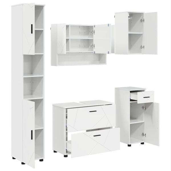 vidaXL Badezimmerm&ouml;bel-Set 5 pcs Hochglanz Wei&szlig; Sperrholz und Metall