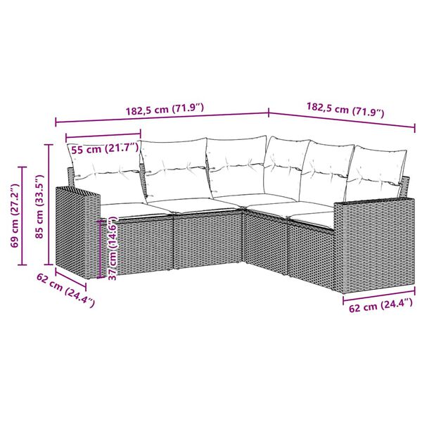 vidaXL 5-tlg. Garten-Sofagarnitur mit Kissen Braun Poly Rattan