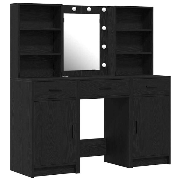 vidaXL Schminktischset mit LED mit Regal 3 pcs Schwarz Eichen-Optik