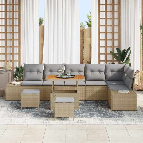 vidaXL Gartensofa-set mit Kissen mit Speicher 9 pcs Beige Poly Rattan