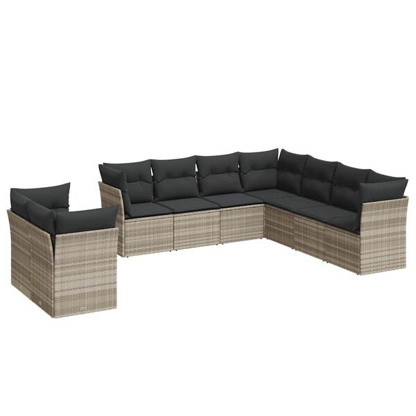 vidaXL 9-tlg. Garten-Sofagarnitur mit Kissen Hellgrau Poly Rattan