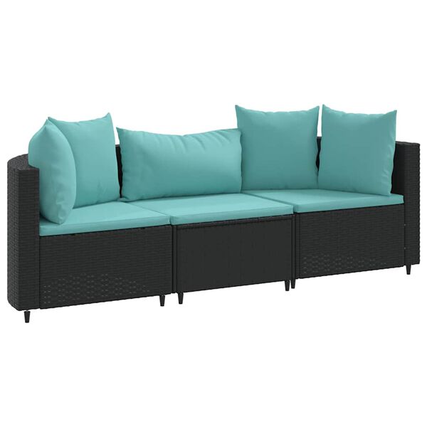 vidaXL 3-tlg. Garten-Sofagarnitur mit Kissen Schwarz Poly Rattan