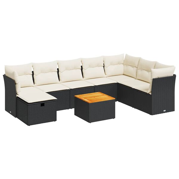 vidaXL 9-tlg. Garten-Sofagarnitur mit Kissen Schwarz Poly Rattan