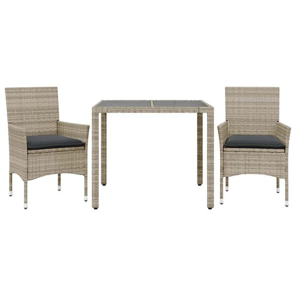 vidaXL 3-tlg. Garten-Essgruppe mit Kissen Hellgrau Poly Rattan Glas