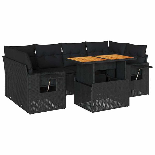 vidaXL 7-tlg. Garten-Sofagarnitur mit Kissen Schwarz Poly Rattan
