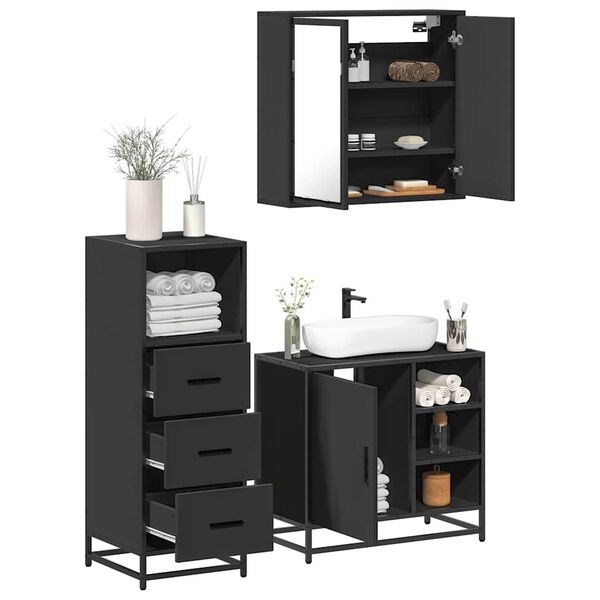 vidaXL 3-tlg. Badm&ouml;bel-Set Schwarz Holzwerkstoff