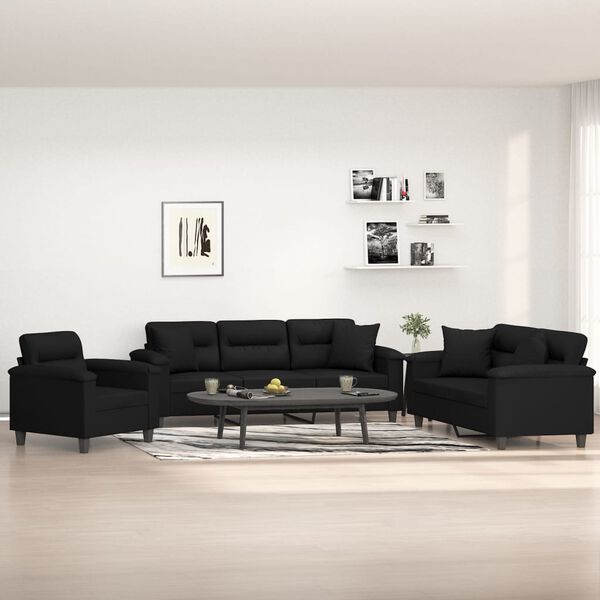 vidaXL 3-tlg. Sofagarnitur mit Kissen Schwarz Mikrofasergewebe