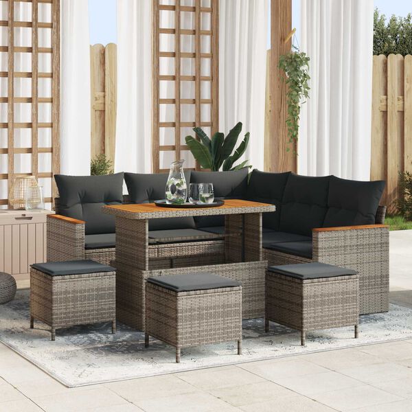 vidaXL Garten-Sofa-Set mit Kissen mit Speicher Grau Poly Rattan