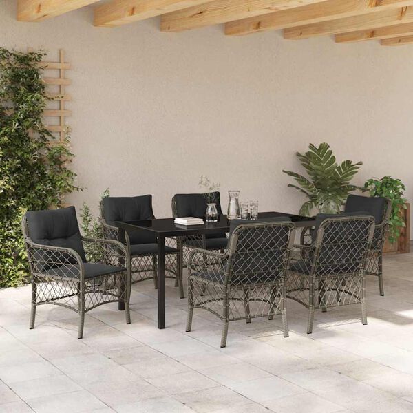 vidaXL Garten Essgruppe mit Kissen 7 pcs Grau Poly-Rattan