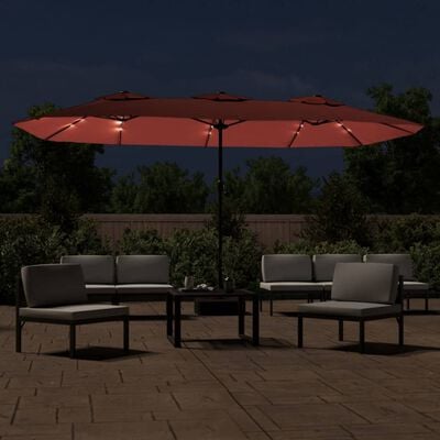 vidaXL Doppel-Sonnenschirm mit LED-Leuchten Terrakottarot 449x245 cm